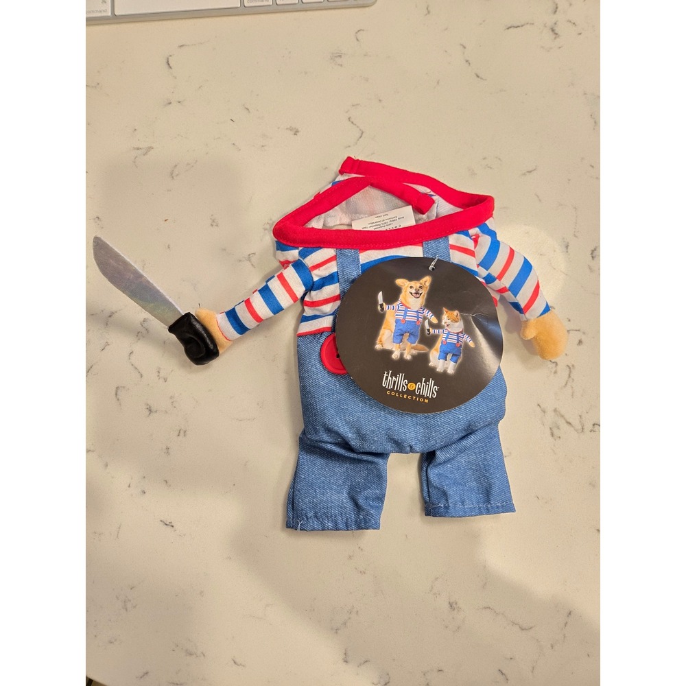 Thrills & Chills Killer Doll Pet Costume Dog Cat Halloween Striped Overalls New